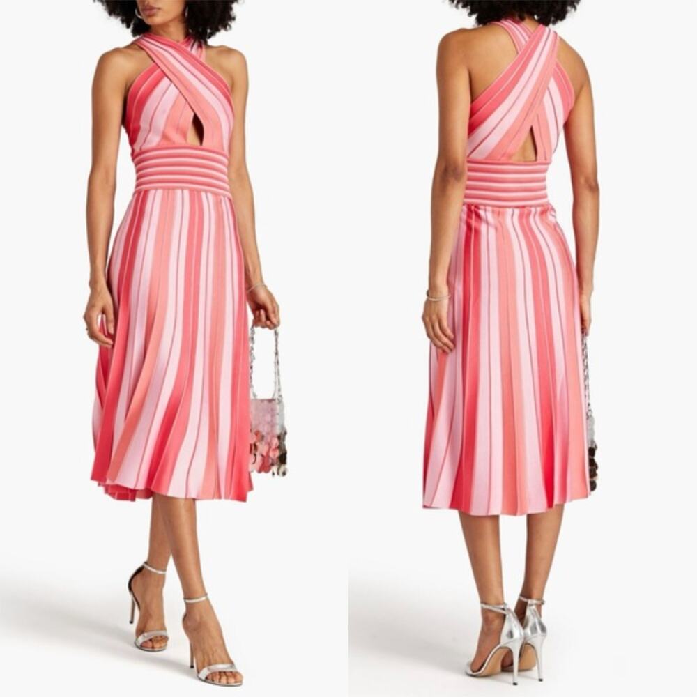 Carolina Herrera Striped Pleated Crisscross Midi Dress Geranium Pink Size Small